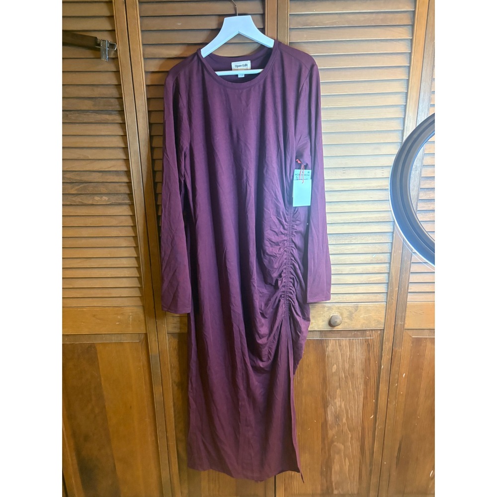 Open Edit Ruched Side Long Sleeve Midi Dress Burgundy London‎ ED475235MI XL NEW